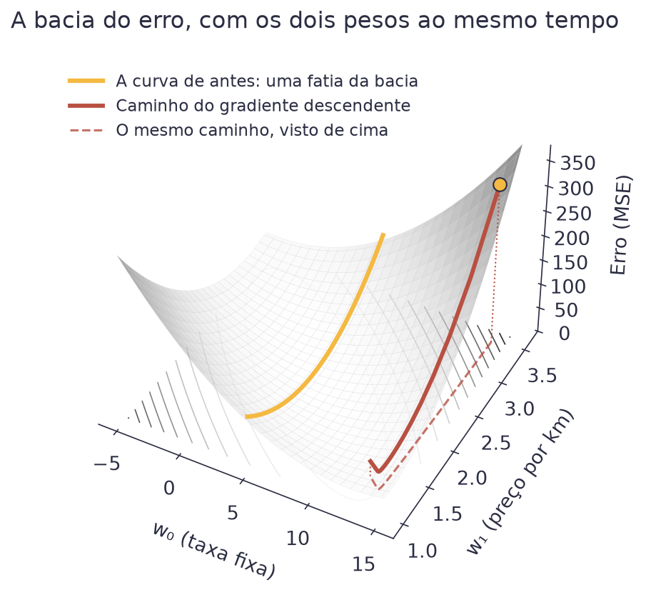 Superfície em três dimensões com formato de bacia: w0 e w1 na base, o MSE na altura, e uma linha vermelha descendo a parede da bacia até o fundo
