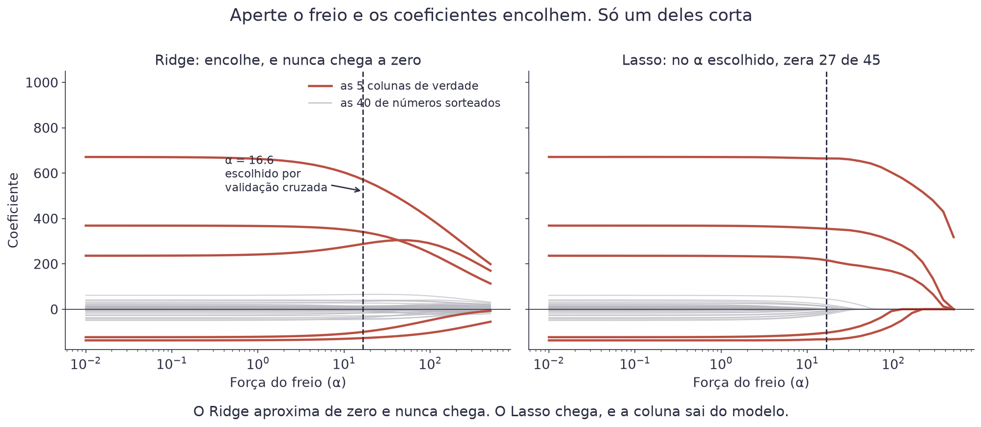 Dois painéis com os 45 coeficientes conforme o alfa cresce: no Ridge todas as linhas se aproximam de zero sem chegar, no Lasso as linhas cinzas tocam o zero uma a uma